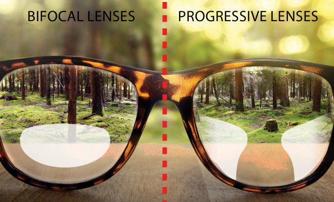 A turtle shell lens with two different lenses depicting the different between bifocal and progressive style